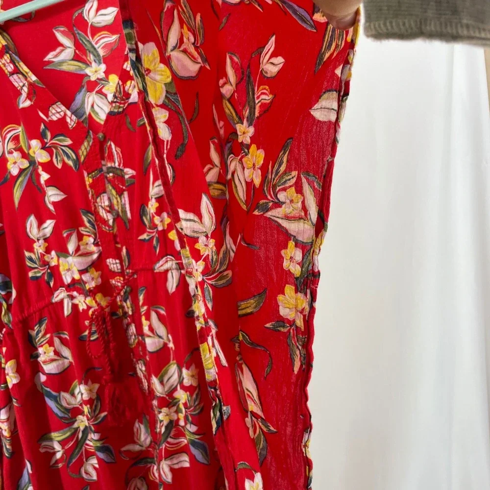 Womens One Size 2X - 3X Red Tropical Floral Kaftan Tunic Top Drawstring Waist OS